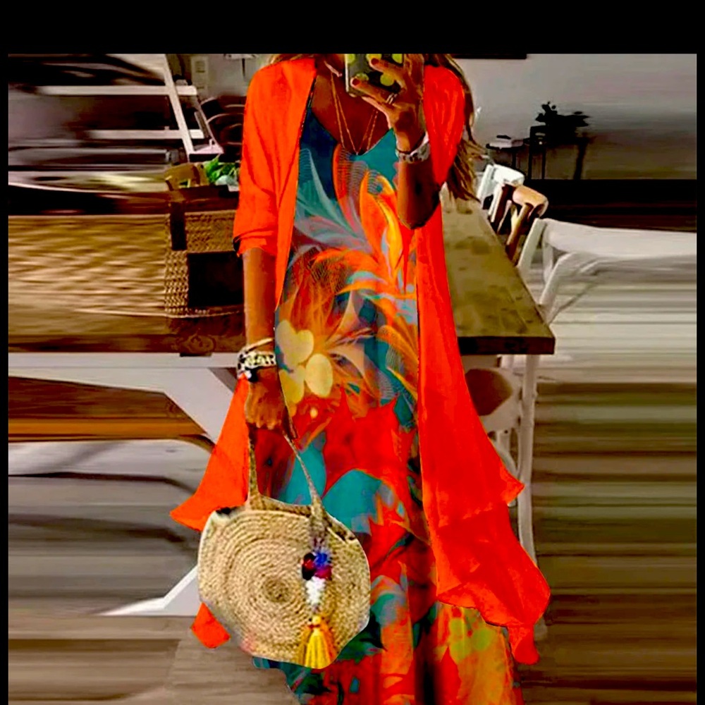 Vibrant Orange Floral Maxi Dress